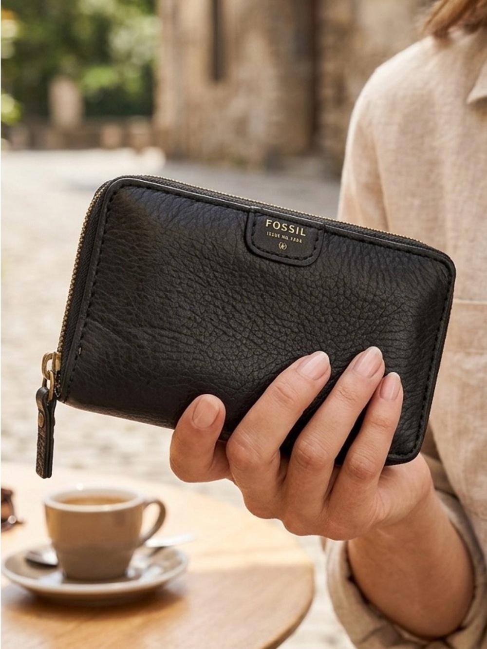 FOSSIL Black Leather Zip Around Wallet Organizer Wristlet Card Holder